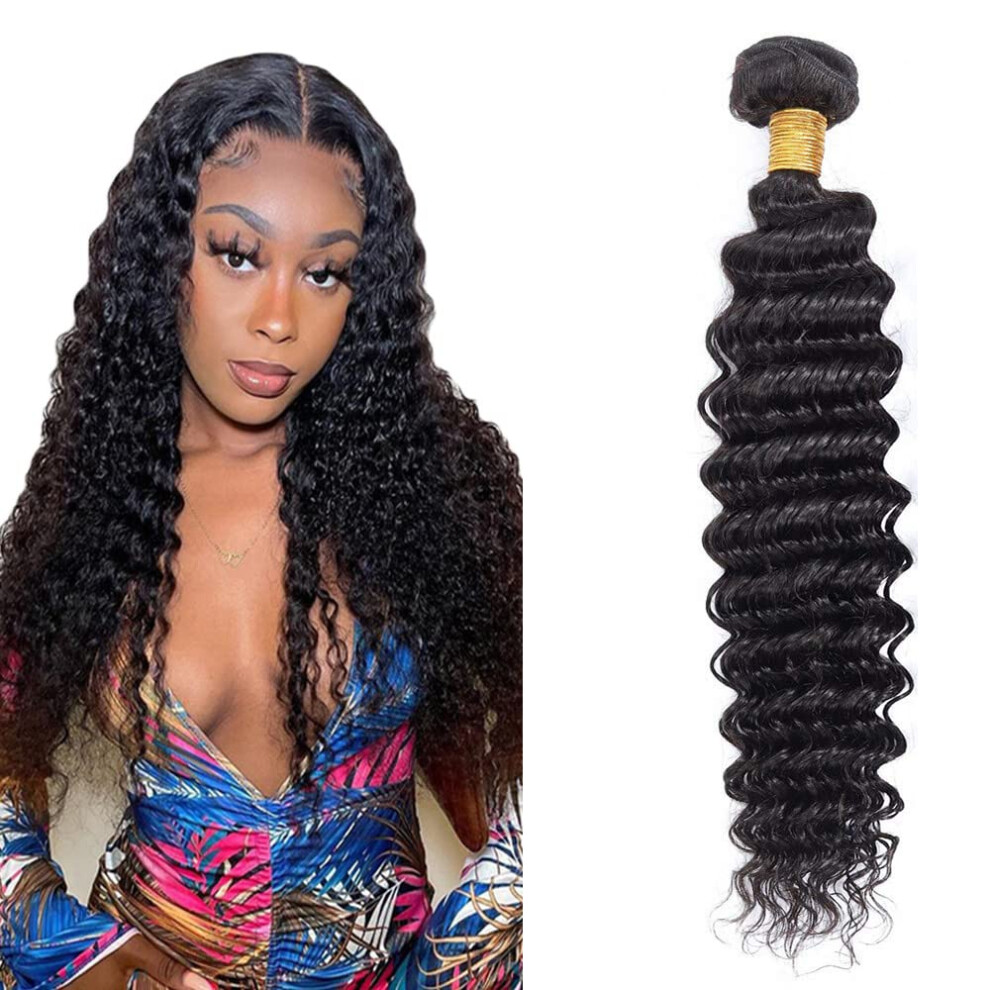 Unisex Black Brazilian Deep Wave Hair Bundles 28 Inch Virgin Human Hair Extensions Natural 100G Tangle