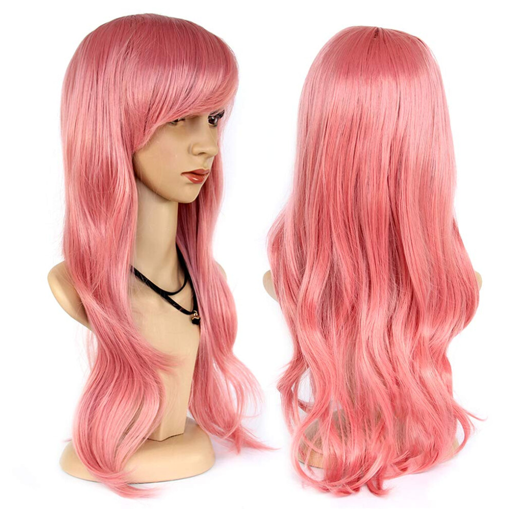 Unisex Pink Long Curly Wig 28Inch Heat Resistant Synthetic Hair With Wig Cap For Cosplay