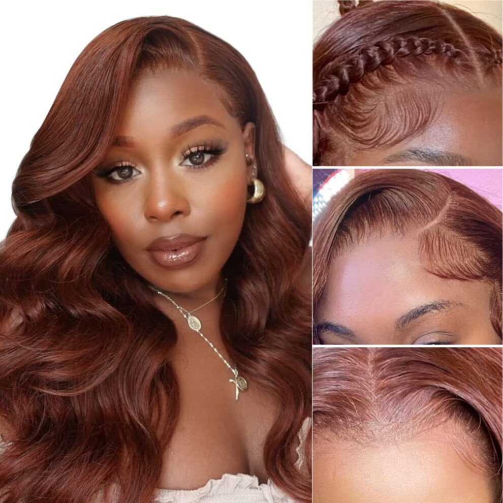 Unisex Brown 18Inch Reddish Body Wave 13X4 Lace Front Human Hair Wig Hd Transparent Pre Plucked