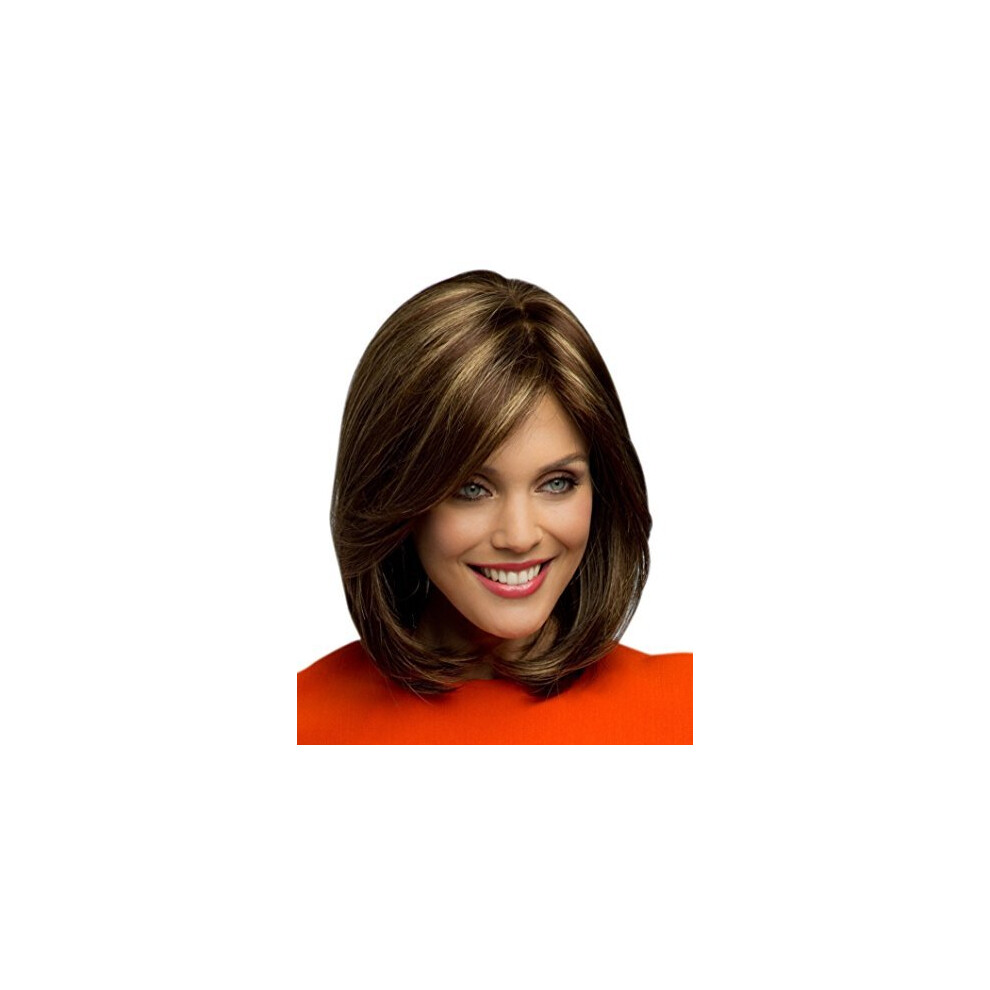 Unisex Brown Lace Front Bob Wig With Bangs, Blonde Highlights, Natural Hairline, Short Synthetic Style