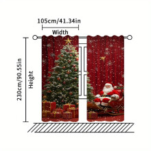 Rideaux de Noël (sapin et Père Noël) en 2 pièces, à œillets, en polyester, imprimés numériques, pour salon, cuisine, restaurant (tringle non