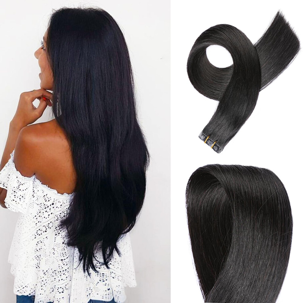 Unisex Black Tape In Remy Human Hair Extensions 16 Inch 1B Invisible Seamless Blend Silk Straight Natural