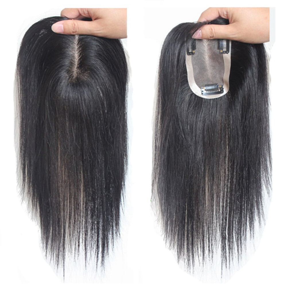 Unisex Black Human Hair Topper For Women With Natural Volume And Invisible Hairline Coverage, 12' Clip In