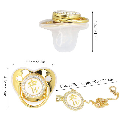 ciuccio portatile a forma di W dorato con strass e clip con catena 1