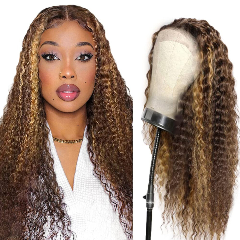 Unisex Black P4/27 Ombre Curly Highlight Human Hair Lace Front Wig Honey Blonde Deep Curly Glueless For Women 22 Inch