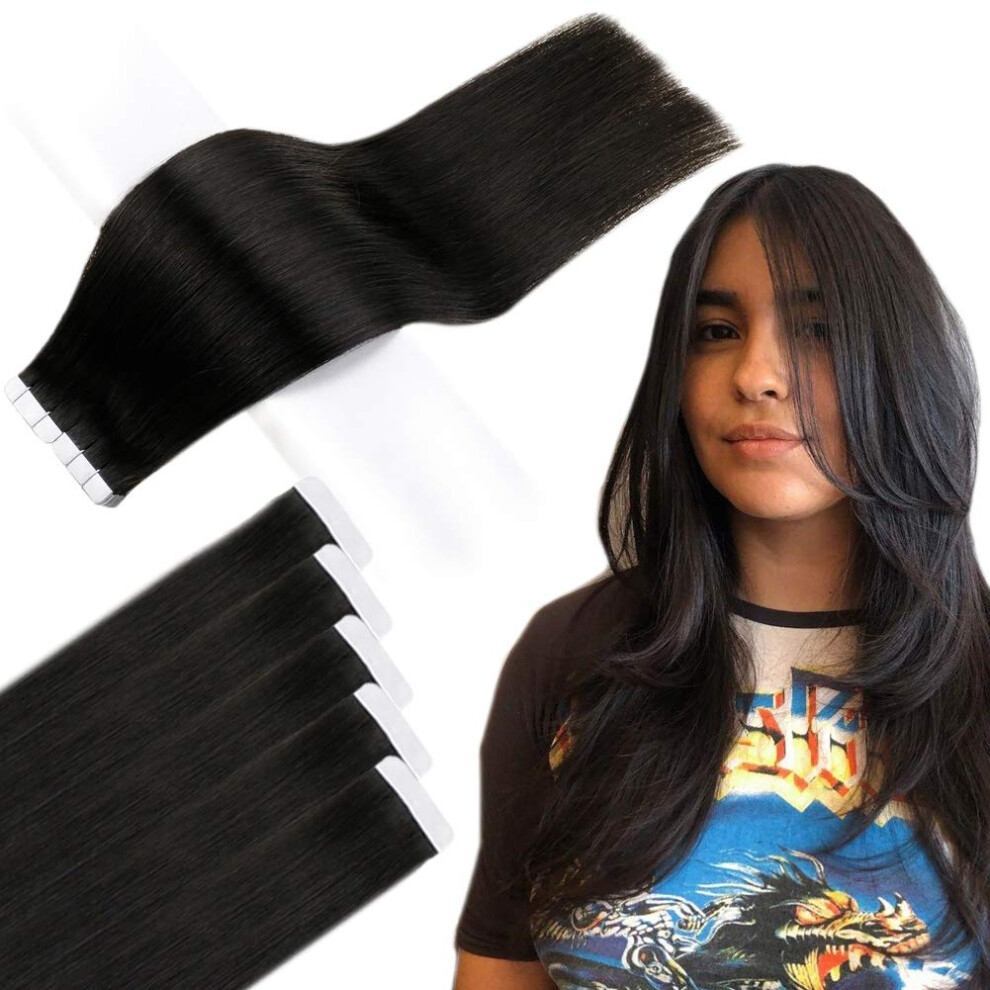Unisex Black Tape In Human Hair Extensions 16 Inch Off 1B, Invisible Natural Look, 40Pcs 80G
