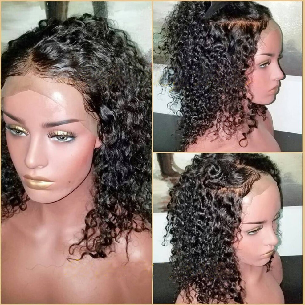 Unisex Full Lace Human Hair Wig 130% Density Curly Brazilian Virgin Hair Preplucked Hairline With Baby Hair 14 Inch