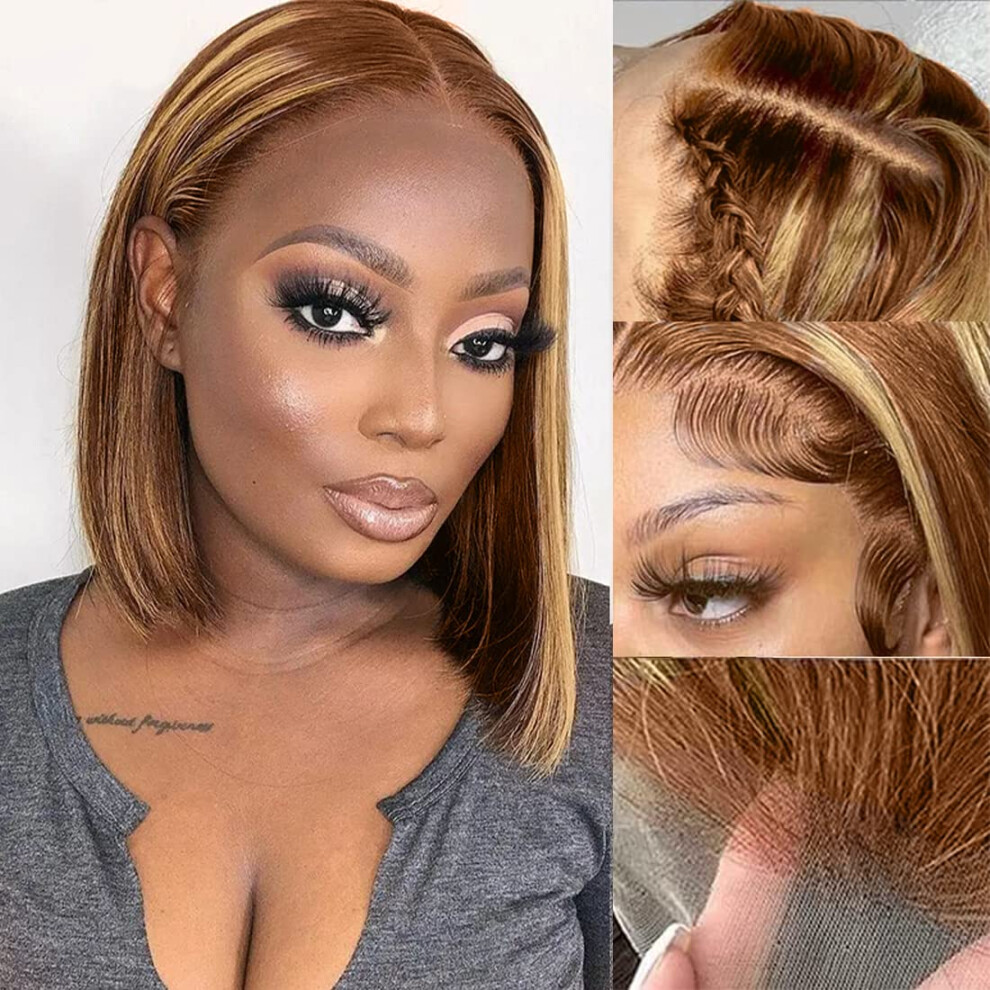 Unisex Ombre Highlight Human Hair Bob Lace Front Wig Blonde Short Straight Pre Plucked Hairline 150%