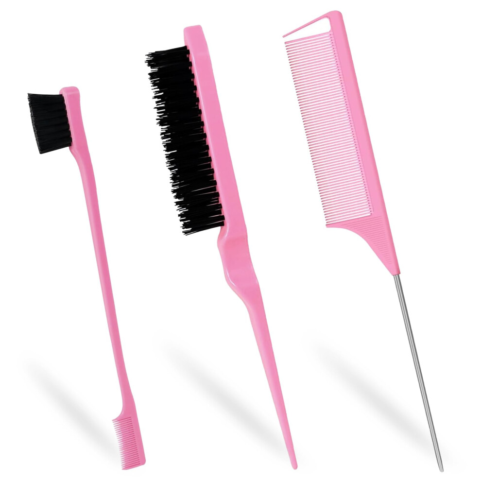 Unisex Pink Edge Brush And Hair Styling Comb Set, 3 Piece Kit For Precision Edge Control And Fast Sectioning