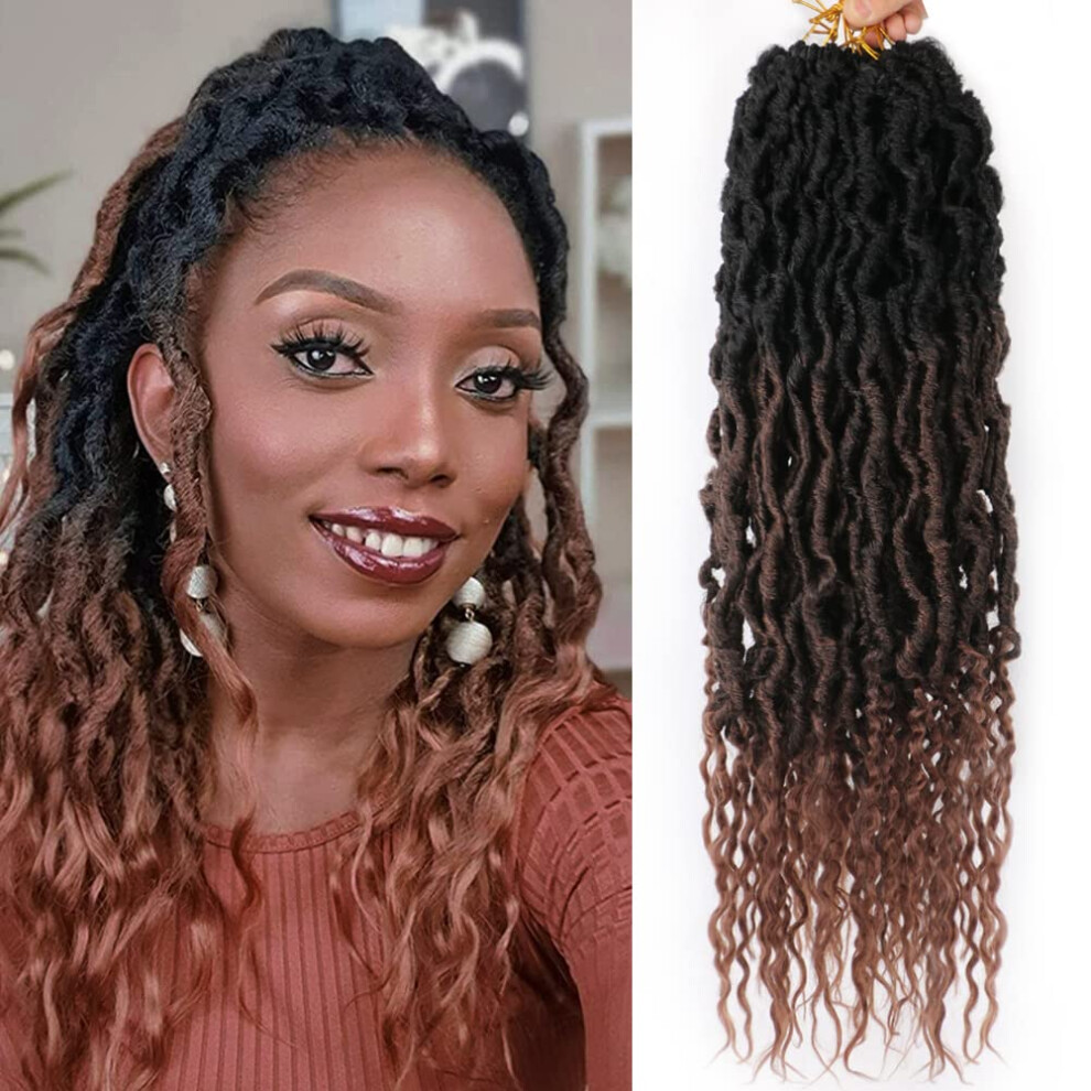 Unisex Black/Brown 24 Inch Prelooped Goddess Locs Crochet Hair Synthetic Wavy Faux Locs With Curly Ends 1B/4/30