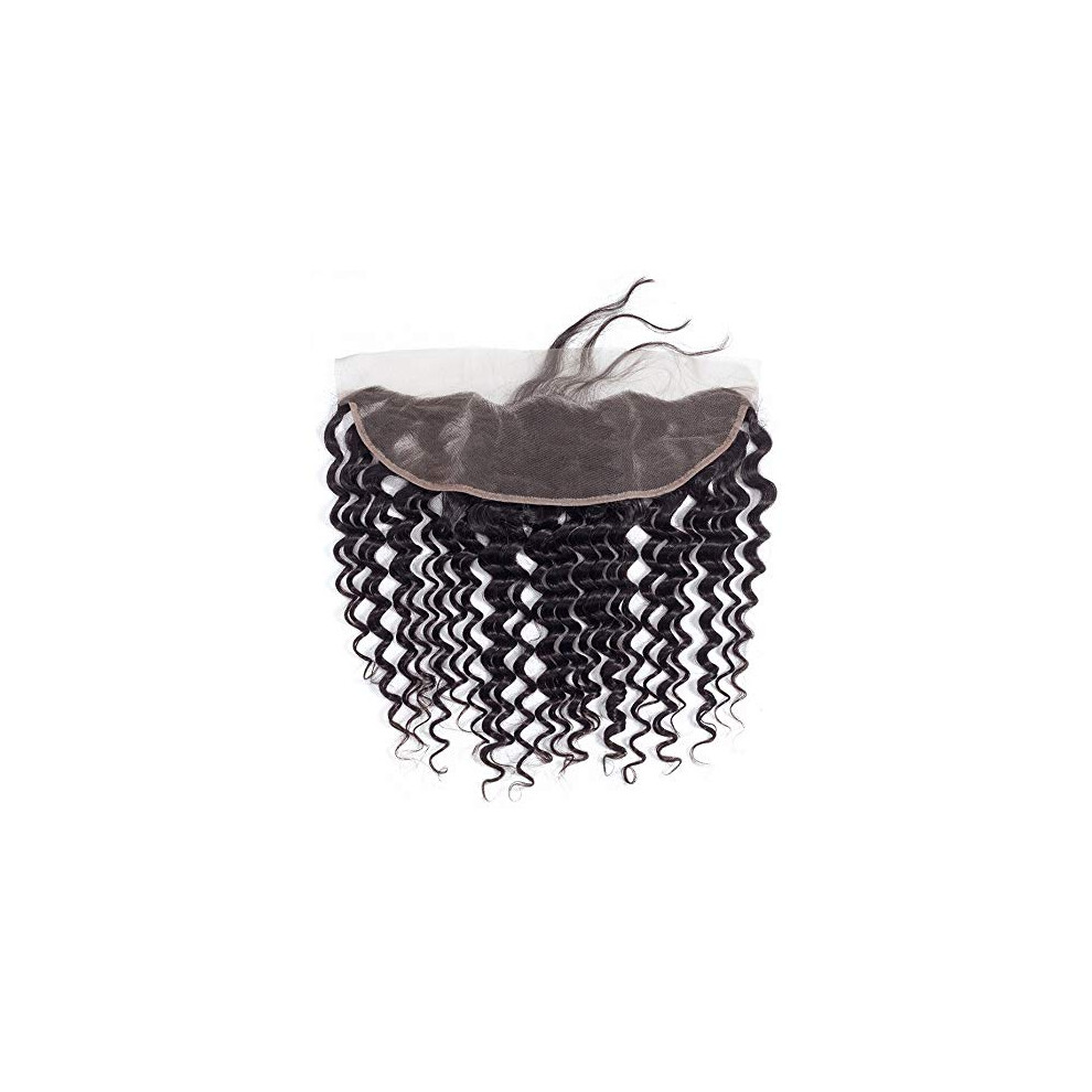 Unisex Brazilian Deep Wave 13X4 Lace Frontal Closure With Baby Hair, Bleached Knots, Natural Hairline 16Inch