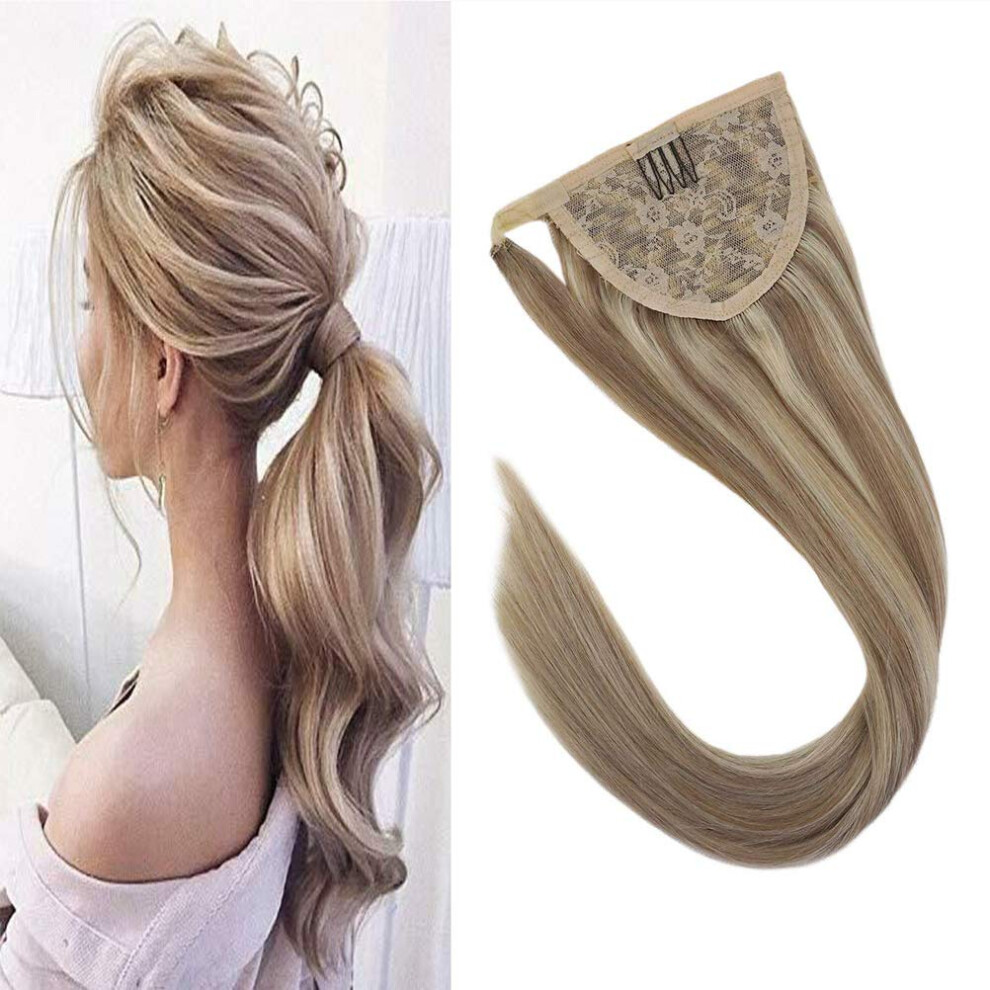 Unisex Brown 18 Inch Clip In Ponytail Hair Extensions Real Human Hair Ash And Bleach Blonde Highlights 80G