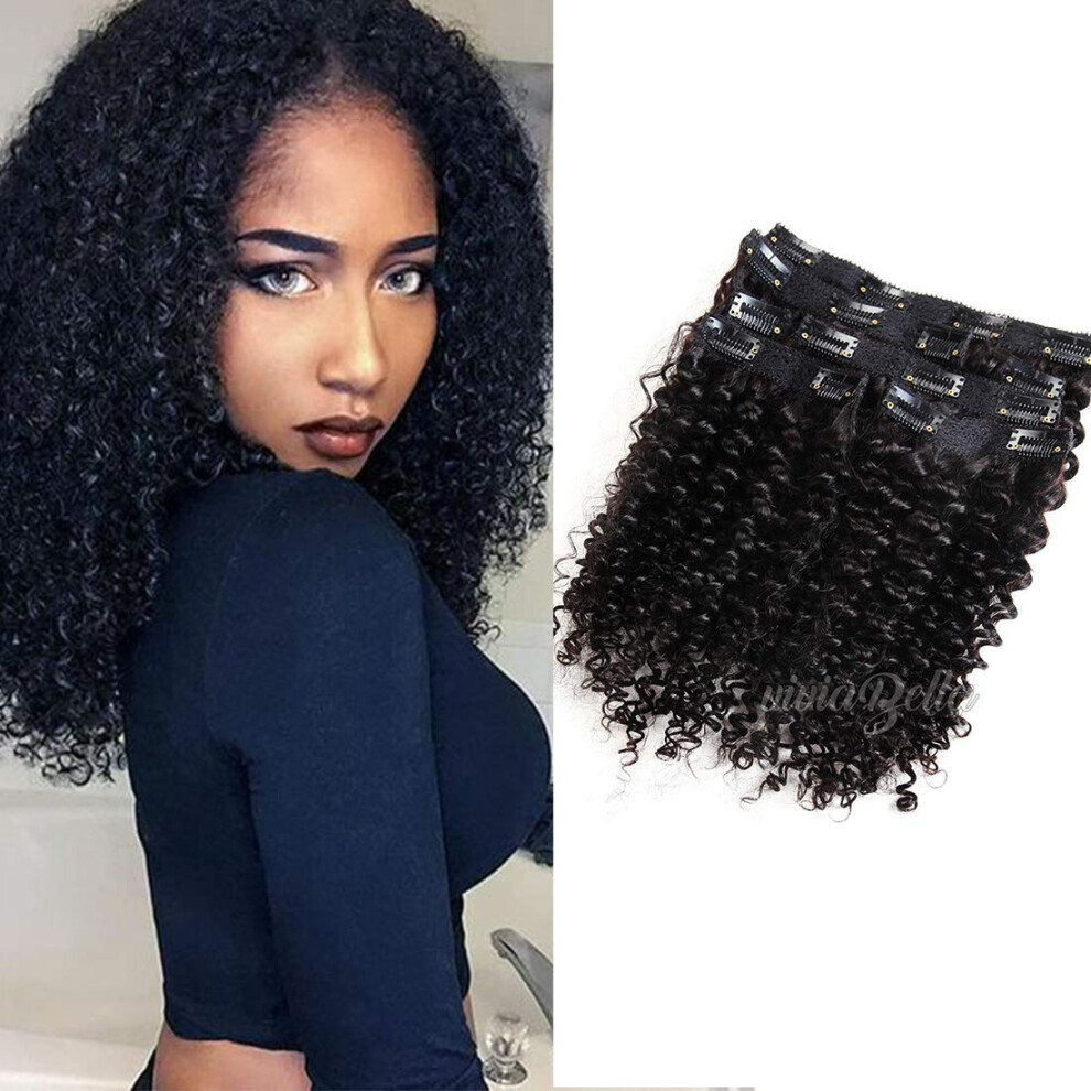 Unisex Black Clip In Human Hair Extensions Jet 18 Inch Kinky Curly Virgin 4B 4C Afro Double Weft