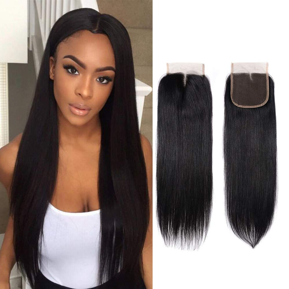 Unisex Black Brazilian Virgin Hair Closure 4X4 Middle Part Human Hair Lace Closure Natural Swiss Lace 14'
