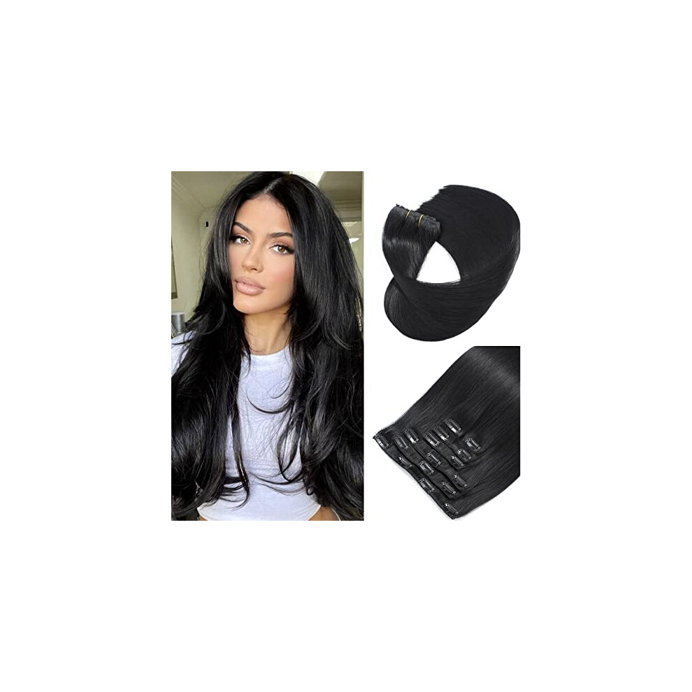 Unisex Black Clip In Remy Human Hair Extensions 18 Inch Jet 7Pcs Seamless For Instant Length And Volume