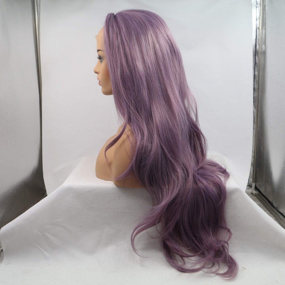 Unisex Purple Natural Wave Synthetic Lace Front Wig 24 Inch Heat Resistant Fiber With Realistic Hairline