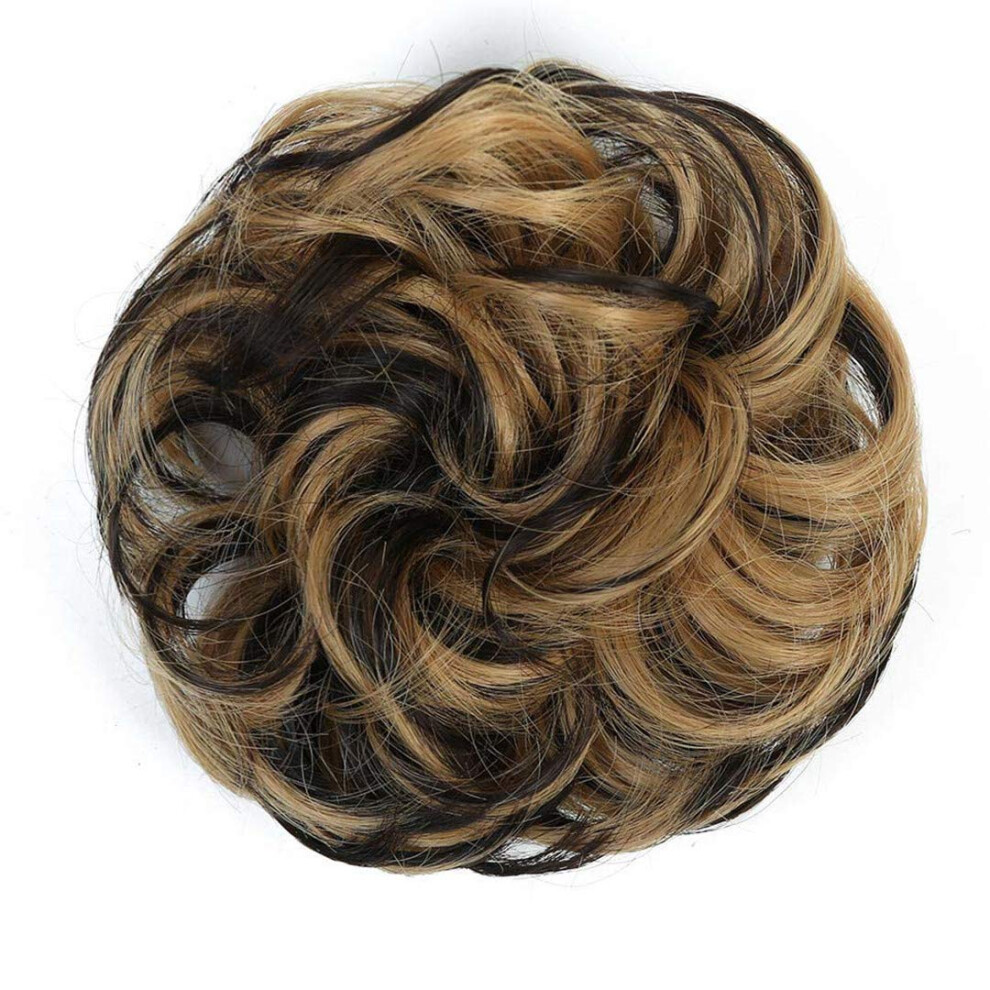 Unisex Curly Chignon Hairpiece With Rubber Band, Heat Resistant Synthetic Bun Extension P4/613