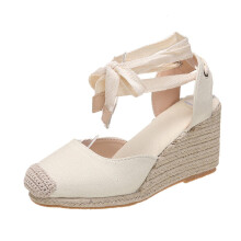 Women's Closed Toe Wedge Espadrille Sandals with Ankle Strap, Platform Slingback Summer Shoes Beige UK 9/9.5