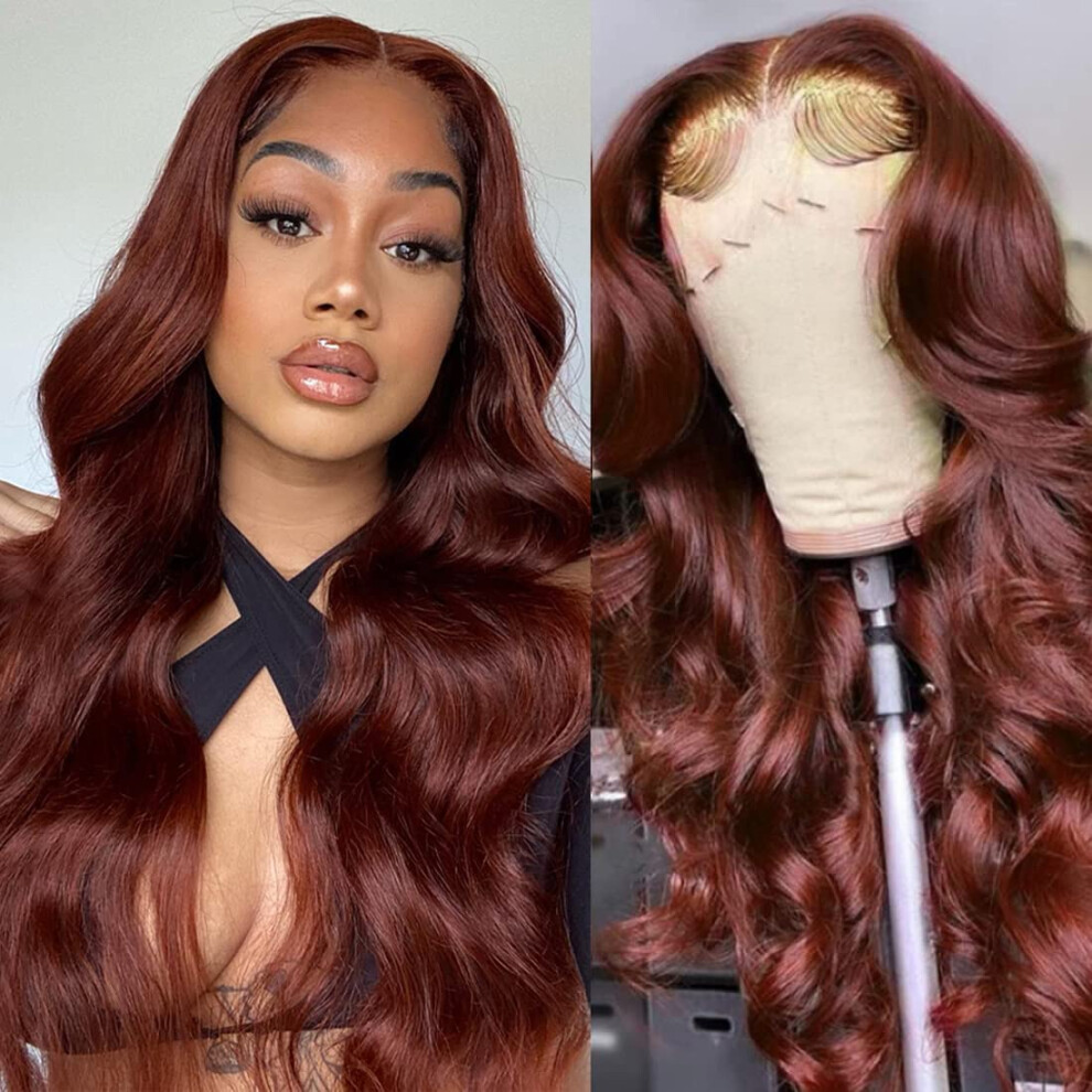 Unisex Red,Brown Reddish Brown Lace Front Wig 22 Inch Auburn Body Wave Human Hair Preplucked 13X5 T Part 150% Density