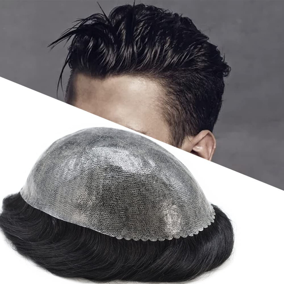 Men's Toupee Human Hair Replacement System 8x10 Poly Skin Off Black with 50% Gray Hairpiece