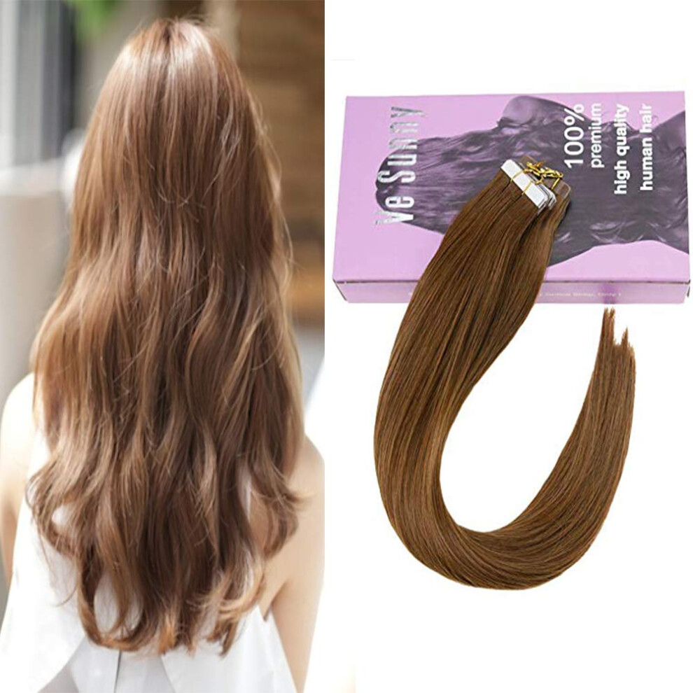 Unisex Brown Invisible Tape In Remy Human Hair Extensions Medium 20Pcs 20Inch Straight Reusable Seamless Finish