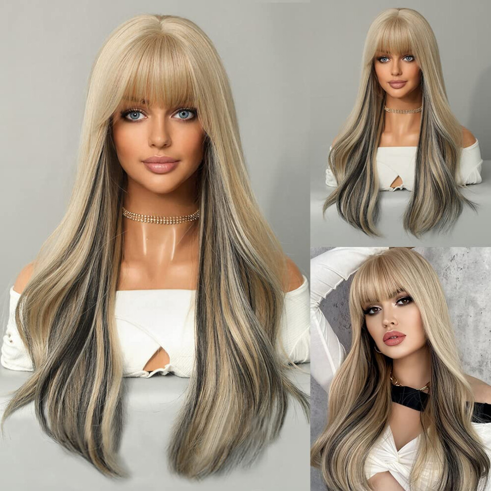 Unisex Brown Long Straight Wig With Bangs Ash Blonde Highlights Heat Resistant Synthetic Wig For Women