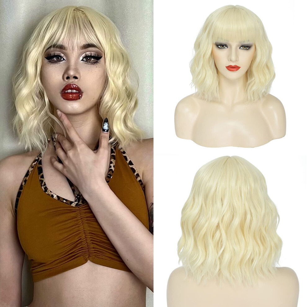 Unisex Black Blonde Bob Wig 12 Inch Short Wavy 613 Synthetic Hair With Faceframing Bangs Heat Resistant