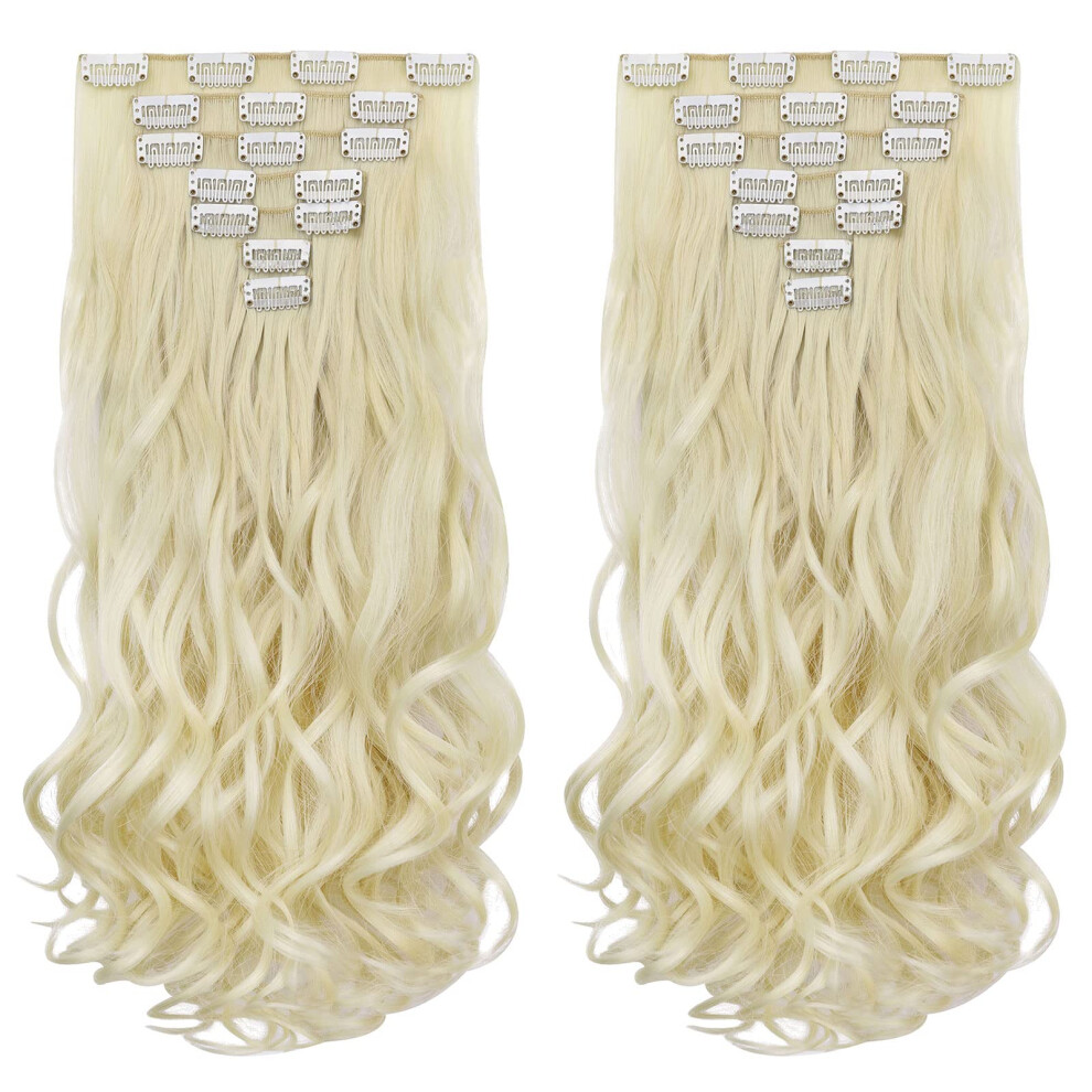 Unisex 18 Inch Bleach Blonde Clip In Hair Extensions Full Head Set, Curly Synthetic Hair For Instant Volume Boost