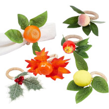 6Pcs 6 Styles Wooden Napkin Rings, Artificial Fruit Veg Leaf Design, Table Decor for Holiday, Wedding, Christmas Dinner