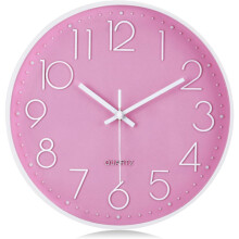 Pink wall clock for kids and girls, modern, silent pendulum with 3D numbers, easy to read, non-T