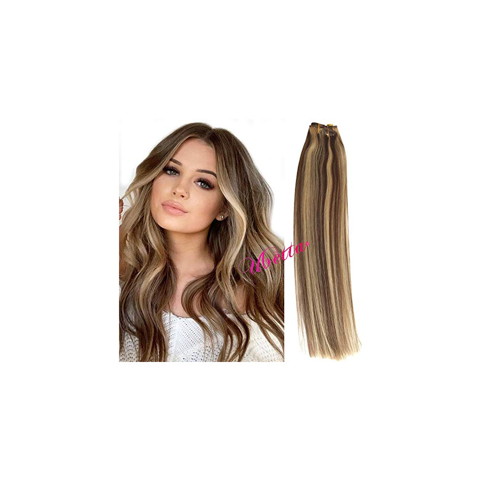 Unisex Brown Clip In Human Hair Extensions 18 Inch With Blonde Highlights Remy Full Head Silky Straight