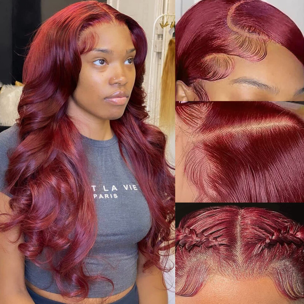 Unisex Red 99J Burgundy Lace Front Wig Human Hair 13X4 Hd Body Wave, Preplucked Hairline, 32 Inch