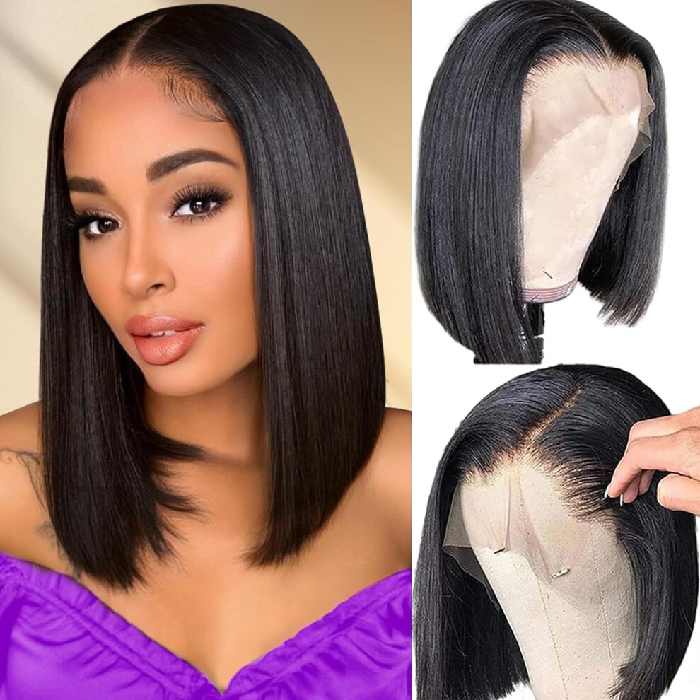 Unisex 14 Inch 13X4 Lace Front Bob Wig Human Hair Pre Plucked Brazilian Virgin Hair With Baby Hair