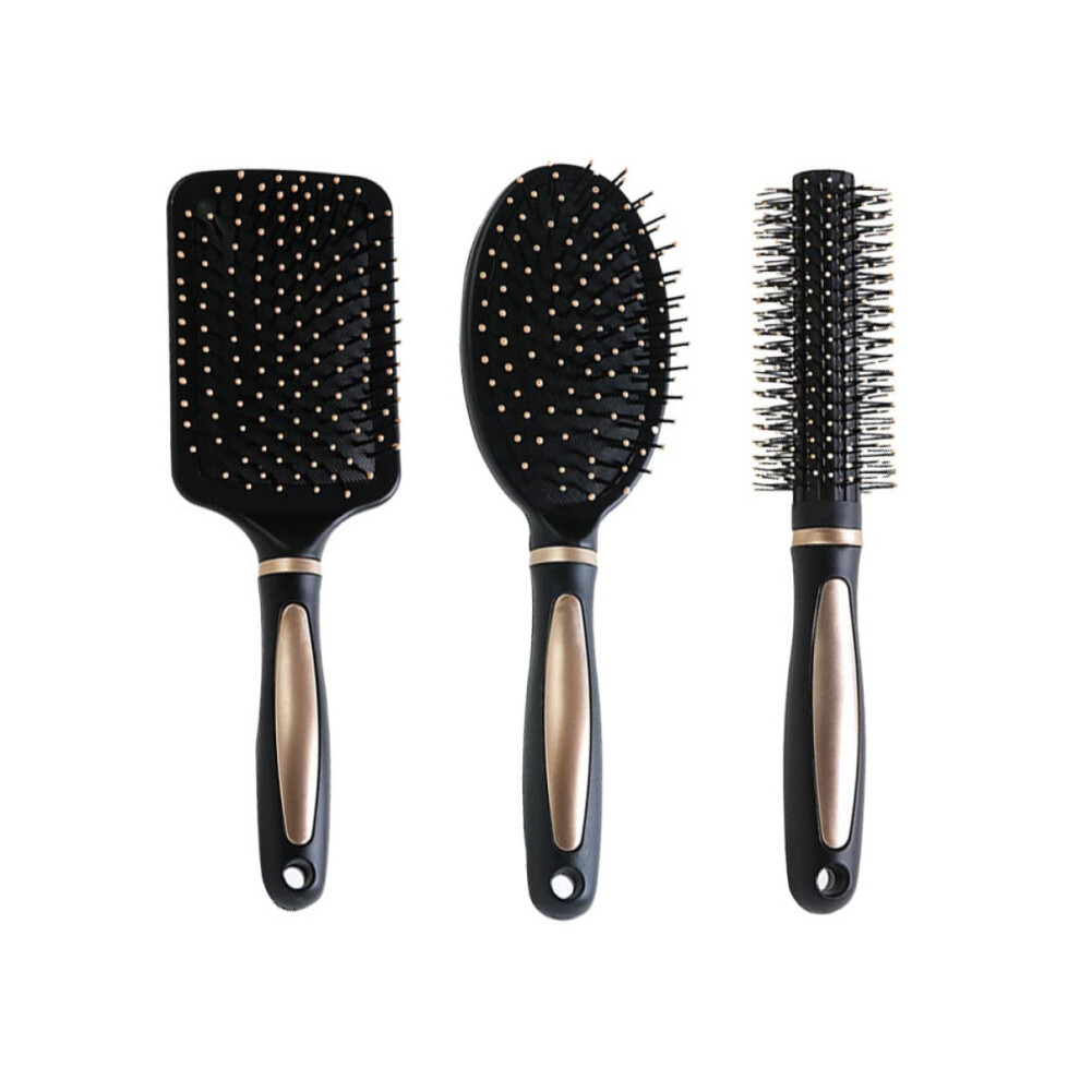 Black 3 Piece Hair Brush Set With Detangling Comb, Ergonomic Paddle Brush For Wet And Dry Hair,