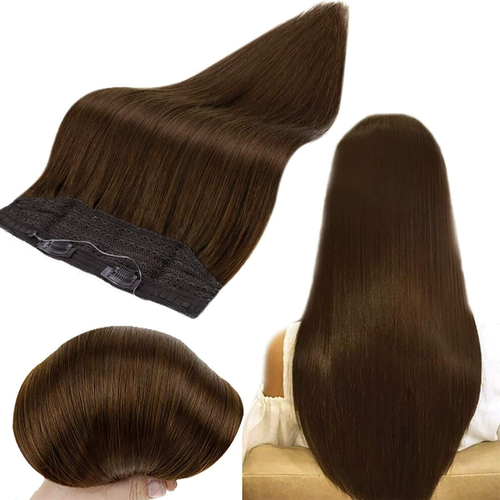 Unisex Brown Halo Hair Extensions Remy Human Hair Dark 16 Inch Invisible Wire Natural Seamless Blend 80G