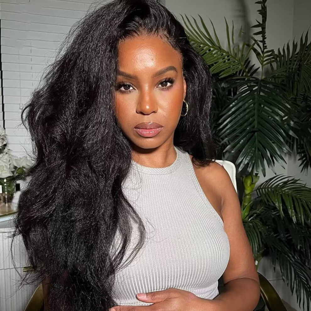 Unisex 18 Inch Kinky Yaki Wavy 13X6 Hd Lace Front Wig Human Hair Pre Plucked Glueless Design With Baby Hair