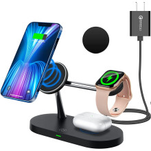 4-i-1 magnetisk trådløs oplader, 15W hurtig magnetisk trådløs opladningsstation kompatibel med iPhone 13/12, 13/12Pro, 13/12Pro