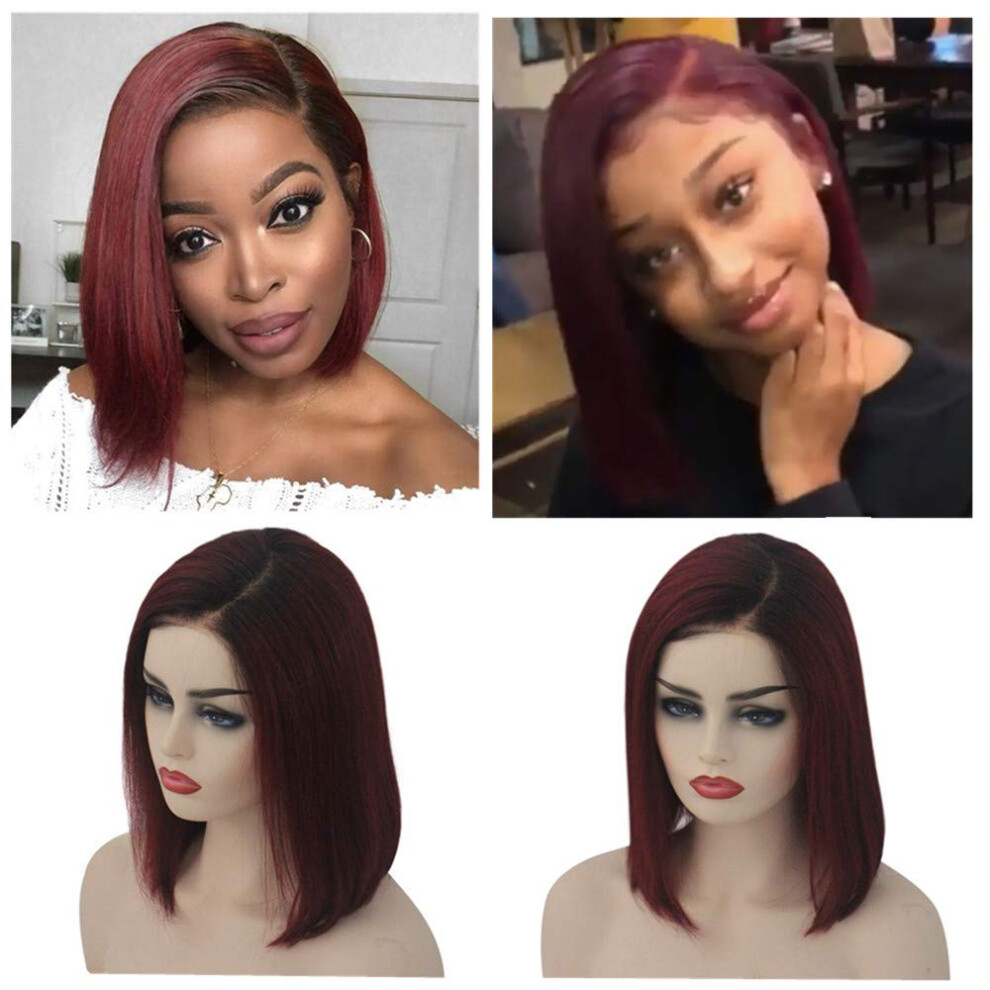 Unisex Black 13X6 Lace Front Human Hair Bob Wig For Women Pre Plucked Bleached Knots 180% Density 10 Inch 1B/99J