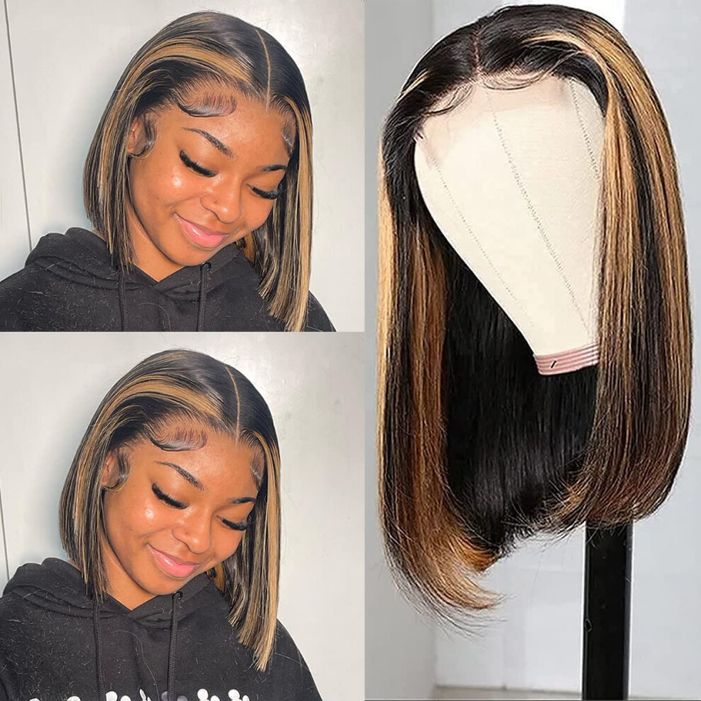 14 Inch Human Hair Lace Front Bob Wig Black Honey Ombre Glueless Pre Plucked 180% Density