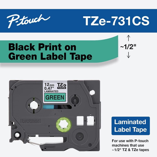 Γνήσια ταινία ετικετών P-touch, TZe-731CS, 0,47” x 26,2', μαύρη σε πράσινη πλαστικοποιημένη 1