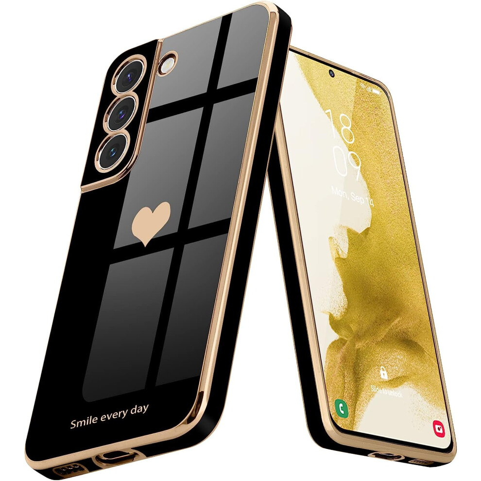 Compatible With Samsung Galaxy S22 5G Cute Love-Heart Bling Soft Back Cover Shockproof Bumper Case For Women/Girl, Black 9482828342332