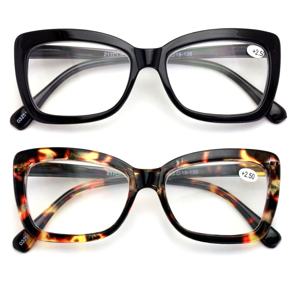 Black 2 Pairs Women Big Lens Butterfly Reading Glasses - Fun Cateye Clear Lens Readers - Tortoise