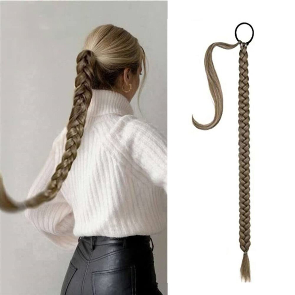 Unisex Black 32 Inch Diy Braided Ponytail Extension With Hair Tie, Long Straight Wraparound Synthetic Ponytail Hairpieces, 8
