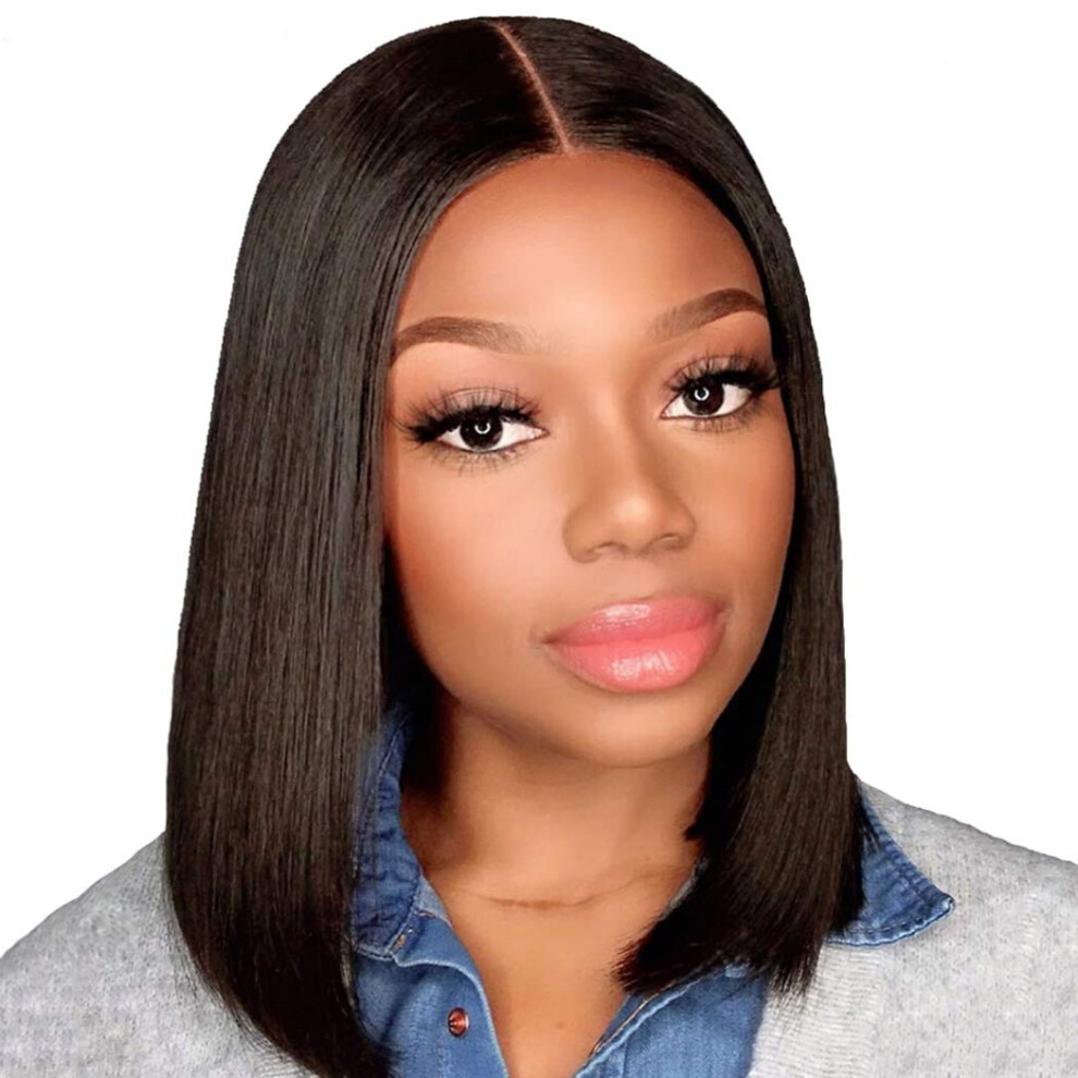Unisex Black 360 Lace Frontal Wig Pre Plucked Hairline Brazilian Human Hair Straight Glueless Natural 12Inch