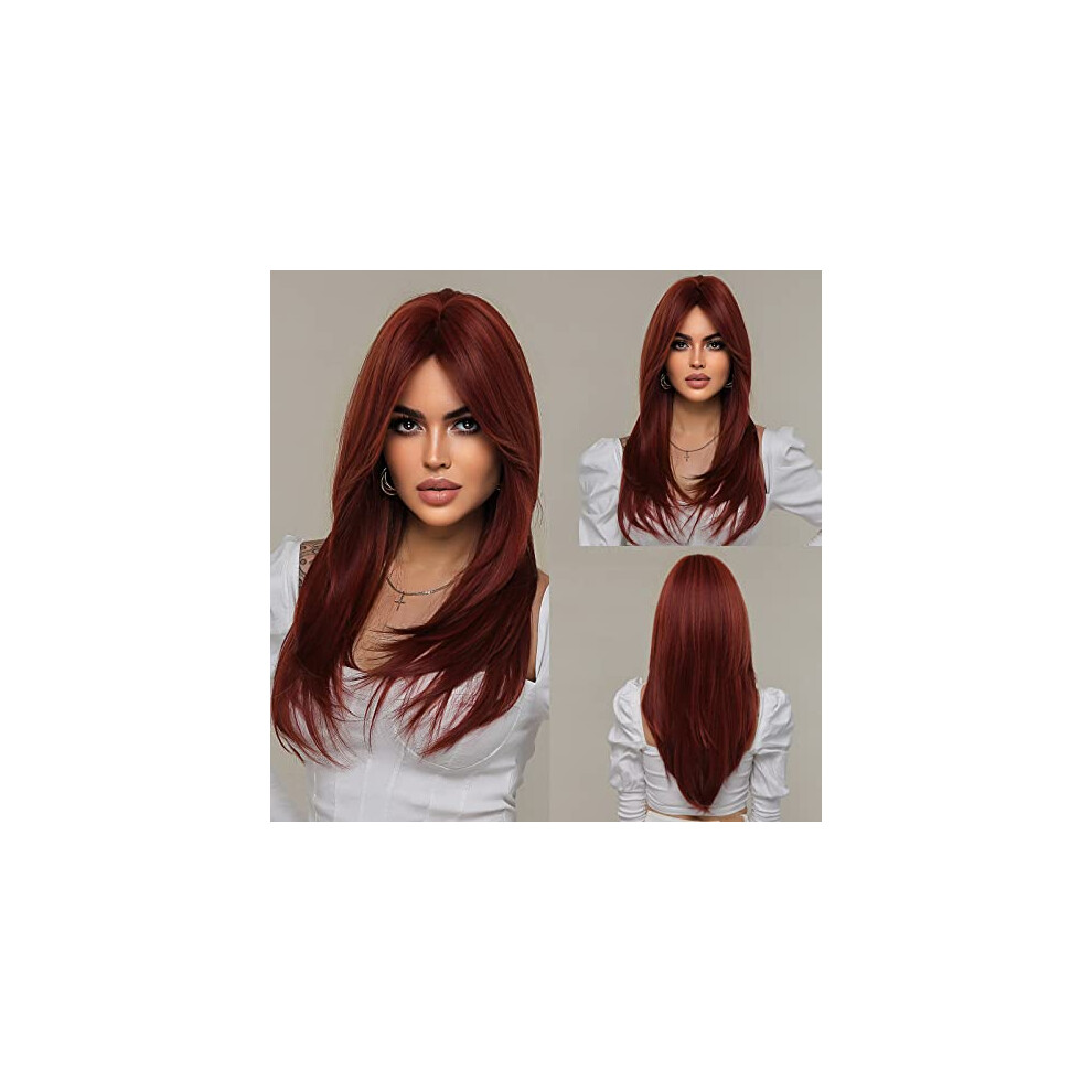 Unisex Red Wigs For Women Long Laye Heat Resistant Synthetic Wig With Curtain Bangs Natural Look