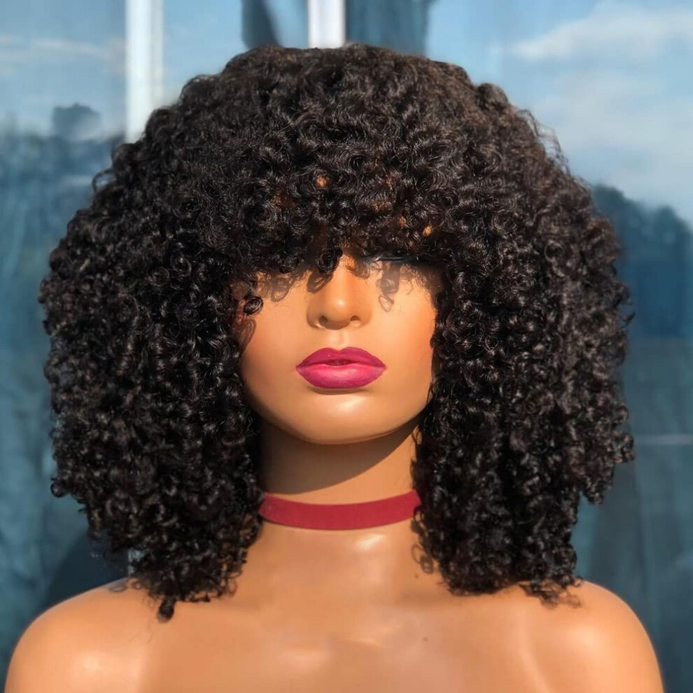 Unisex Black 14 Inch Afro Kinky Curly Wig Brazilian Human Hair With Bangs Glueless Lace Cap For Women