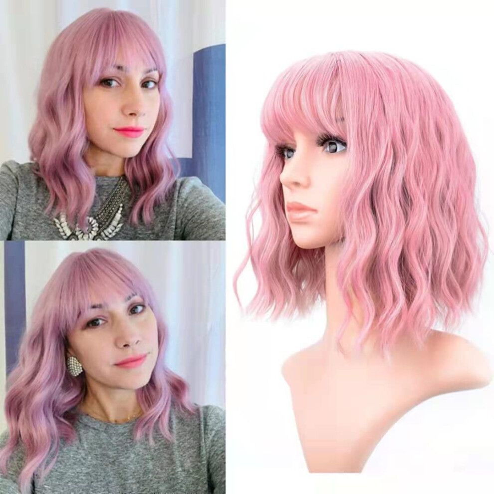 Unisex Pink Bob Wig With Bangs, Bubble Wavy Short Bob For Women, Heat Resistant Synthetic Fiber