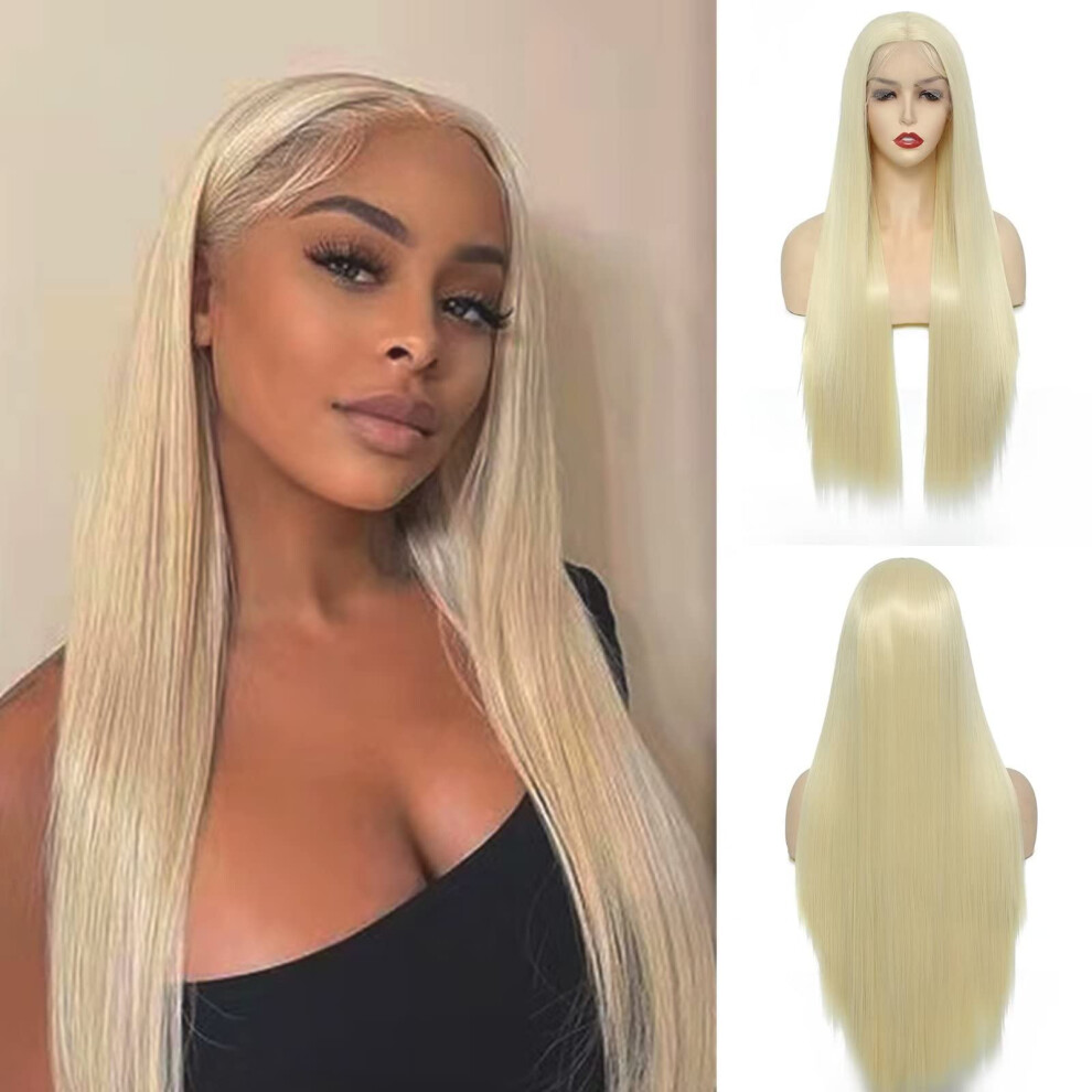 26 Inch Blonde Lace Front Wig with Natural Hairline, Heat Resistant Long Straight Synthetic Hair