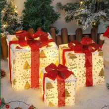 Kerstdecoratieset van 3 verlichte geschenkdozen met 60 ledlampjes en rode strikken, warm wit licht, geschikt voor binnen en buiten, huis en