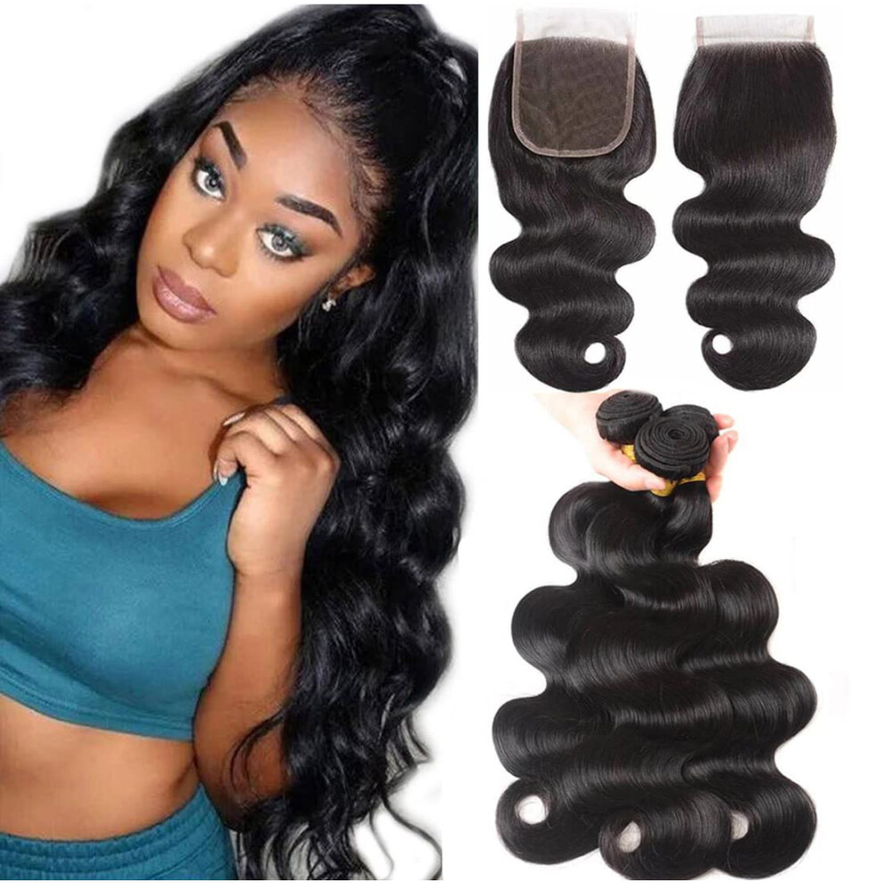 Brazilian Body Wave 3 Bundles with Closure 10A Virgin Human Hair Natural Black 4x4 Lace